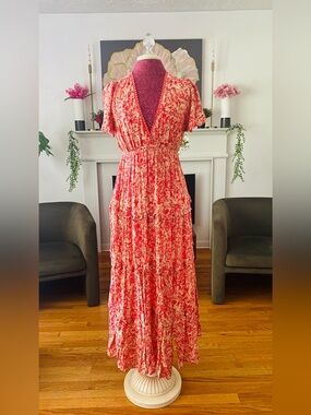 Penelope Rose Floral Short-Sleeve Maxi Dress in Corals,Reds and Cream